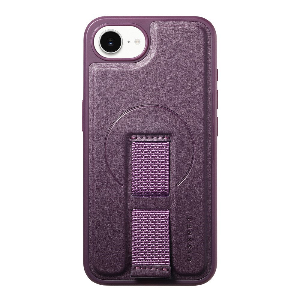 iPhone 16e Hard Plastic Case with Faux Leather Back & Finger Strap - MagSafe Compatible - Purple