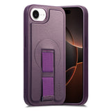 iPhone 16e Hard Plastic Case with Faux Leather Back & Finger Strap - MagSafe Compatible - Purple