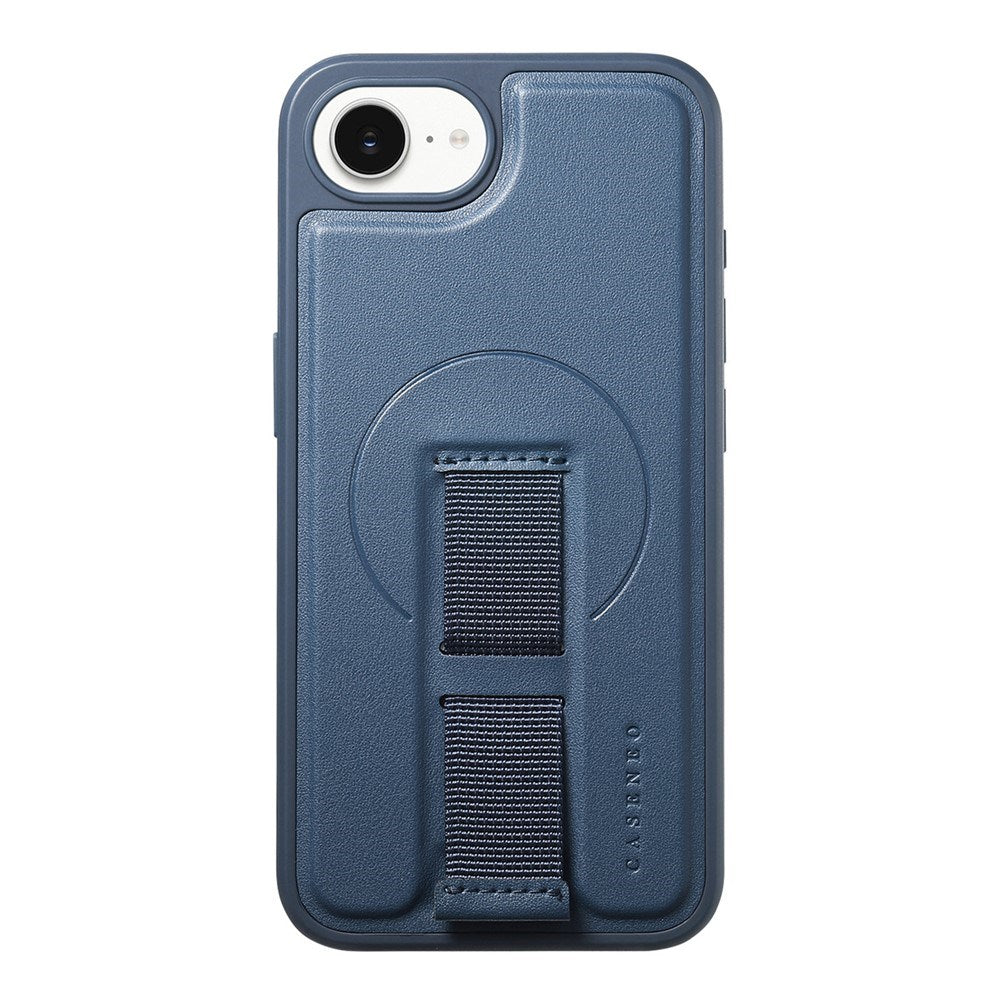 iPhone 16e Hard Plastic Case with Faux Leather Back & Finger Strap - MagSafe Compatible - Blue