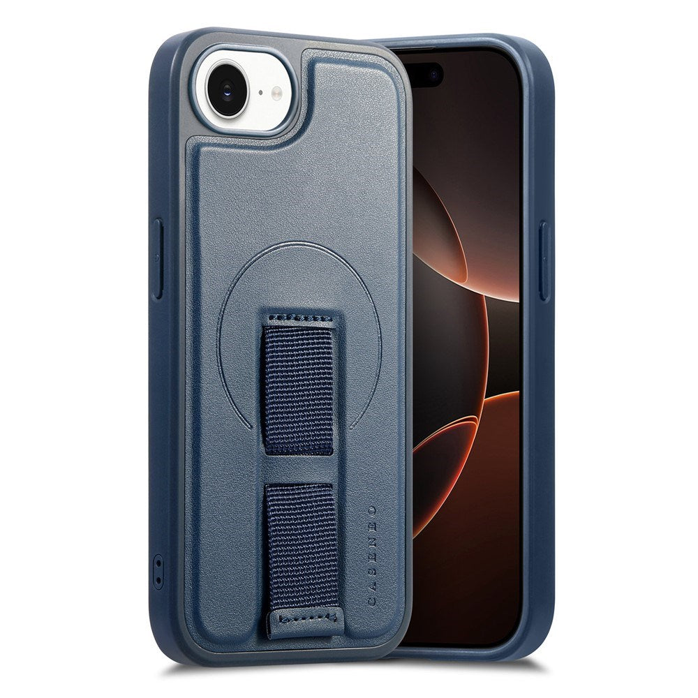 iPhone 16e Hard Plastic Case with Faux Leather Back & Finger Strap - MagSafe Compatible - Blue