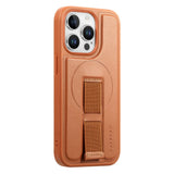 iPhone 13 Pro Hard Plastic Case with Faux Leather Back & Finger Strap - MagSafe Compatible - Brown