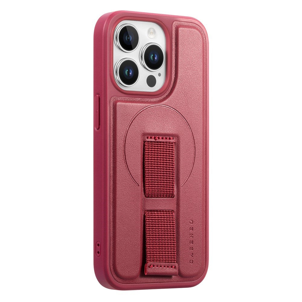 iPhone 13 Pro Hard Plastic Case with Faux Leather Back & Finger Strap - MagSafe Compatible - Red