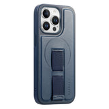 iPhone 13 Pro Hard Plastic Case with Faux Leather Back & Finger Strap - MagSafe Compatible - Blue