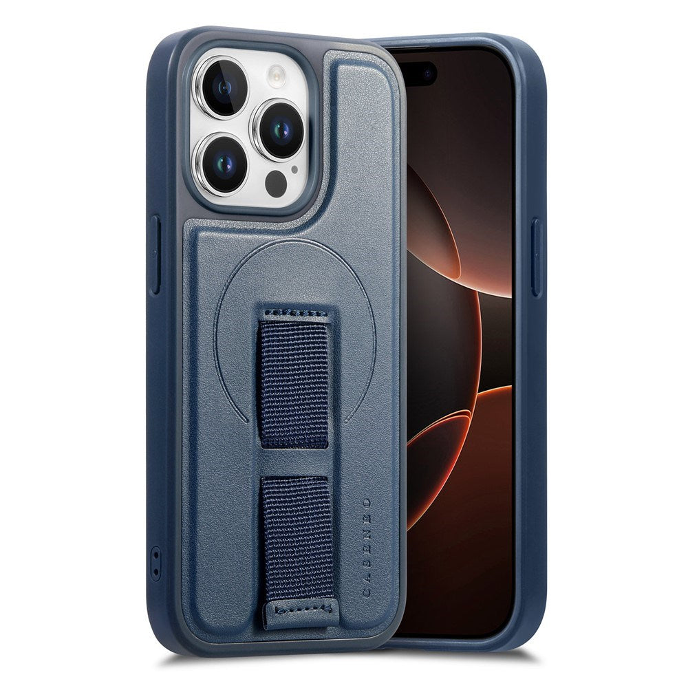 iPhone 13 Pro Hard Plastic Case with Faux Leather Back & Finger Strap - MagSafe Compatible - Blue