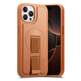 iPhone 12 / 12 Pro Hard Plastic Case with Faux Leather Back & Finger Strap - MagSafe Compatible - Brown