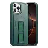 iPhone 12 / 12 Pro Hard Plastic Case with Faux Leather Back & Finger Strap - MagSafe Compatible - Green