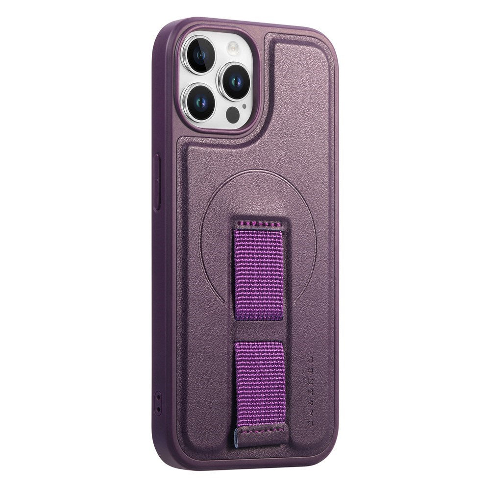 iPhone 12 / 12 Pro Hard Plastic Case with Faux Leather Back & Finger Strap - MagSafe Compatible - Purple