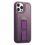 iPhone 12 / 12 Pro Hard Plastic Case with Faux Leather Back & Finger Strap - MagSafe Compatible - Purple