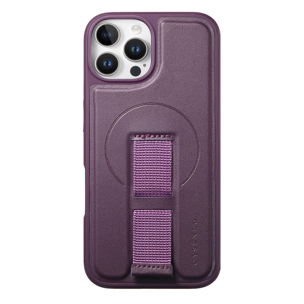iPhone 12 / 12 Pro Hard Plastic Case with Faux Leather Back & Finger Strap - MagSafe Compatible - Purple