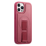 iPhone 12 / 12 Pro Hard Plastic Case with Faux Leather Back & Finger Strap - MagSafe Compatible - Red