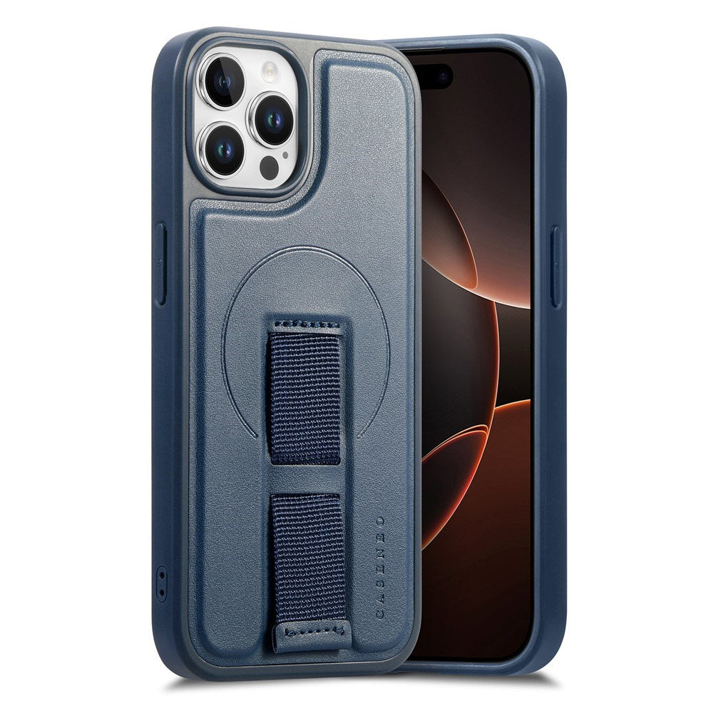 iPhone 12 / 12 Pro Hard Plastic Case with Faux Leather Back & Finger Strap - MagSafe Compatible - Blue