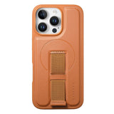 iPhone 14 Pro Hard Plastic Case with Faux Leather Back & Finger Strap - MagSafe Compatible - Brown