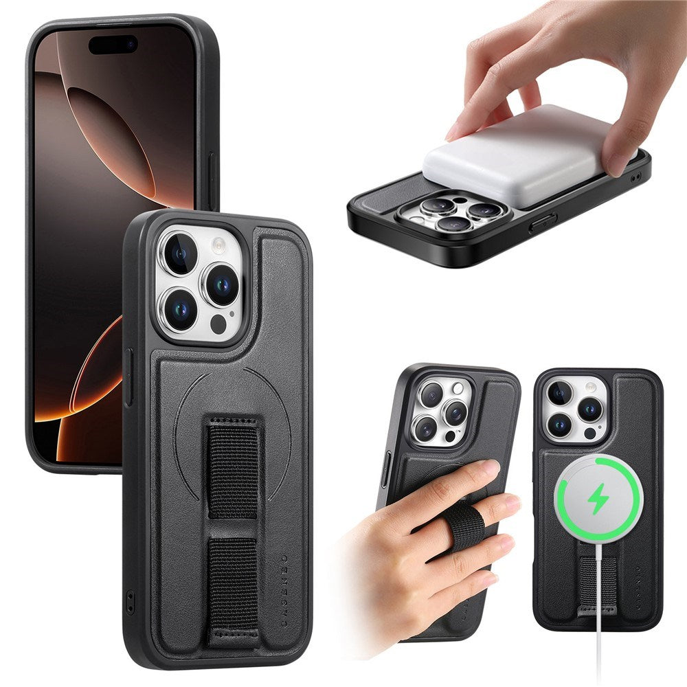 iPhone 14 Pro Hard Plastic Case with Faux Leather Back & Finger Strap - MagSafe Compatible - Black