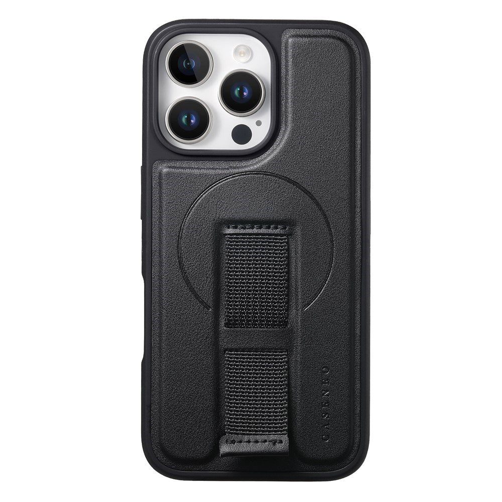 iPhone 14 Pro Hard Plastic Case with Faux Leather Back & Finger Strap - MagSafe Compatible - Black