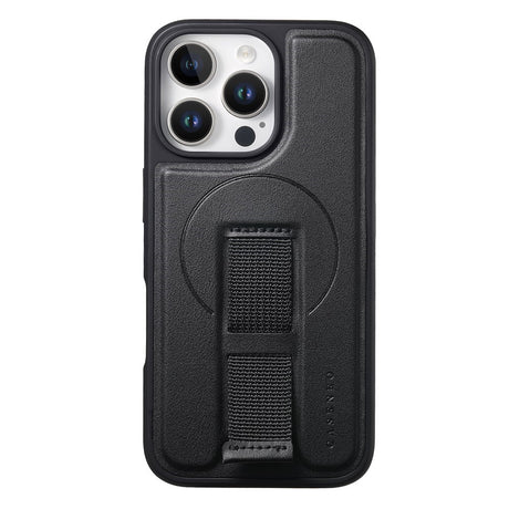 iPhone 14 Pro Hard Plastic Case with Faux Leather Back & Finger Strap - MagSafe Compatible - Black