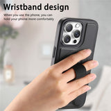 iPhone 14 Pro Hard Plastic Case with Faux Leather Back & Finger Strap - MagSafe Compatible - Black