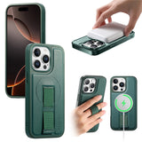 iPhone 14 Pro Hard Plastic Case with Faux Leather Back & Finger Strap - MagSafe Compatible - Green