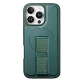 iPhone 14 Pro Hard Plastic Case with Faux Leather Back & Finger Strap - MagSafe Compatible - Green