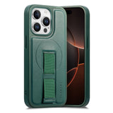 iPhone 14 Pro Hard Plastic Case with Faux Leather Back & Finger Strap - MagSafe Compatible - Green