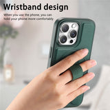 iPhone 14 Pro Hard Plastic Case with Faux Leather Back & Finger Strap - MagSafe Compatible - Green