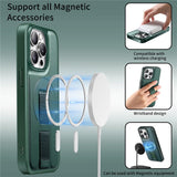 iPhone 14 Pro Hard Plastic Case with Faux Leather Back & Finger Strap - MagSafe Compatible - Green