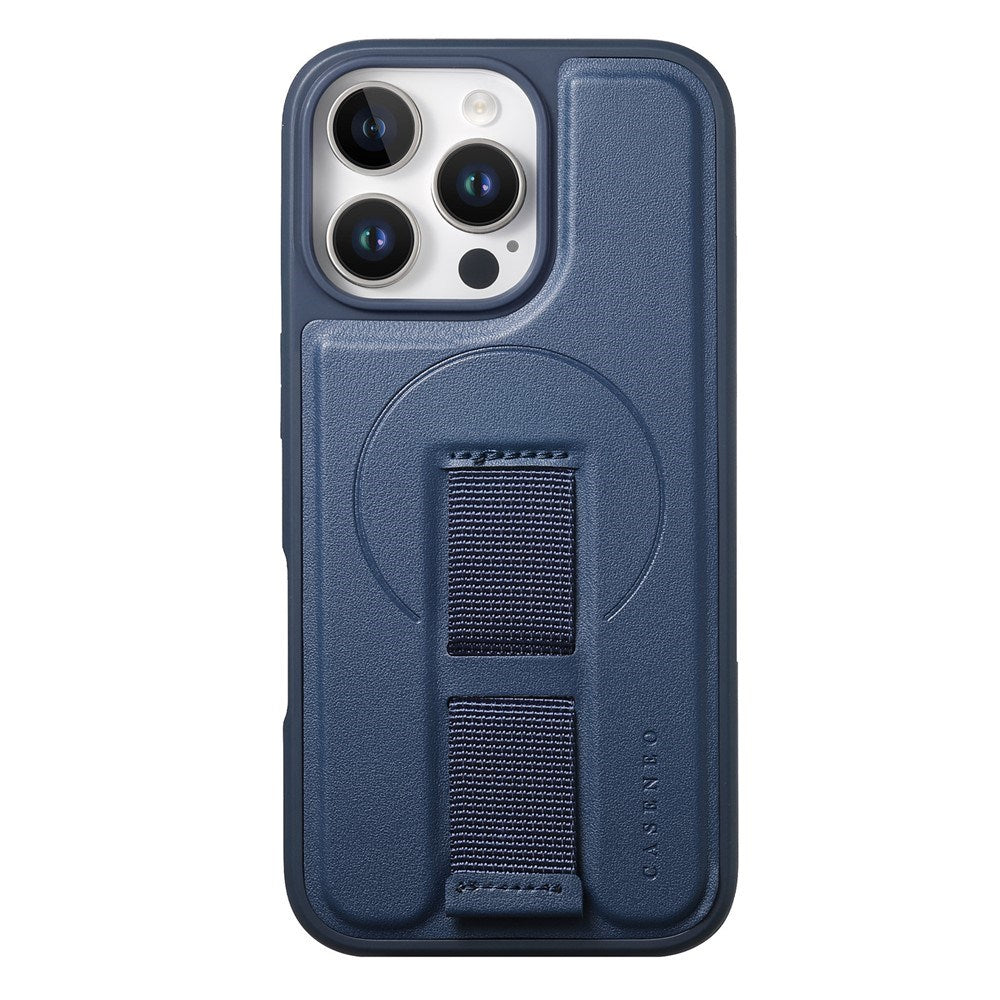 iPhone 14 Pro Hard Plastic Case with Faux Leather Back & Finger Strap - MagSafe Compatible - Blue