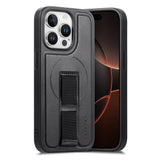 iPhone 15 Pro Hard Plastic Case with Faux Leather Back & Finger Strap - MagSafe Compatible - Black