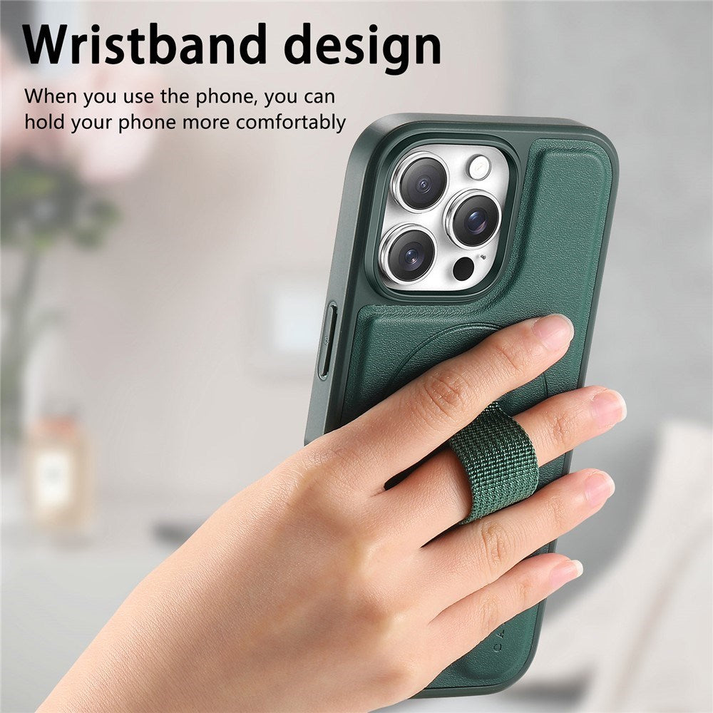 iPhone 15 Pro Hard Plastic Case with Faux Leather Back & Finger Strap - MagSafe Compatible - Green