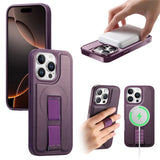 iPhone 15 Pro Hard Plastic Case with Faux Leather Back & Finger Strap - MagSafe Compatible - Purple
