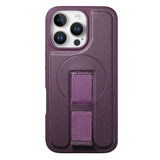 iPhone 15 Pro Hard Plastic Case with Faux Leather Back & Finger Strap - MagSafe Compatible - Purple