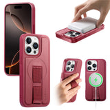 iPhone 15 Pro Hard Plastic Case with Faux Leather Back & Finger Strap - MagSafe Compatible - Red