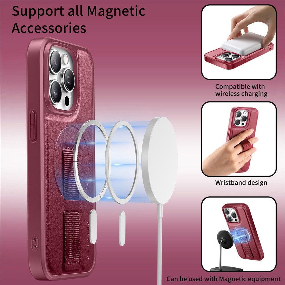 iPhone 15 Pro Hard Plastic Case with Faux Leather Back & Finger Strap - MagSafe Compatible - Red