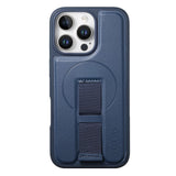 iPhone 15 Pro Hard Plastic Case with Faux Leather Back & Finger Strap - MagSafe Compatible - Blue