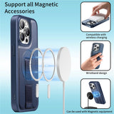 iPhone 15 Pro Hard Plastic Case with Faux Leather Back & Finger Strap - MagSafe Compatible - Blue