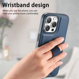 iPhone 15 Pro Hard Plastic Case with Faux Leather Back & Finger Strap - MagSafe Compatible - Blue