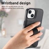 iPhone 15 Hard Plastic Case with Faux Leather Back & Finger Strap - MagSafe Compatible - Black