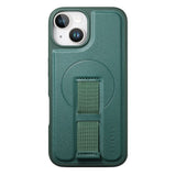 iPhone 15 Hard Plastic Case with Faux Leather Back & Finger Strap - MagSafe Compatible - Green
