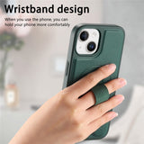 iPhone 15 Hard Plastic Case with Faux Leather Back & Finger Strap - MagSafe Compatible - Green