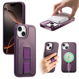 iPhone 15 Hard Plastic Case with Faux Leather Back & Finger Strap - MagSafe Compatible - Purple