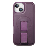 iPhone 15 Hard Plastic Case with Faux Leather Back & Finger Strap - MagSafe Compatible - Purple