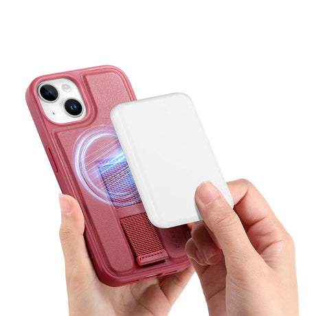 iPhone 15 Hard Plastic Case with Faux Leather Back & Finger Strap - MagSafe Compatible - Red