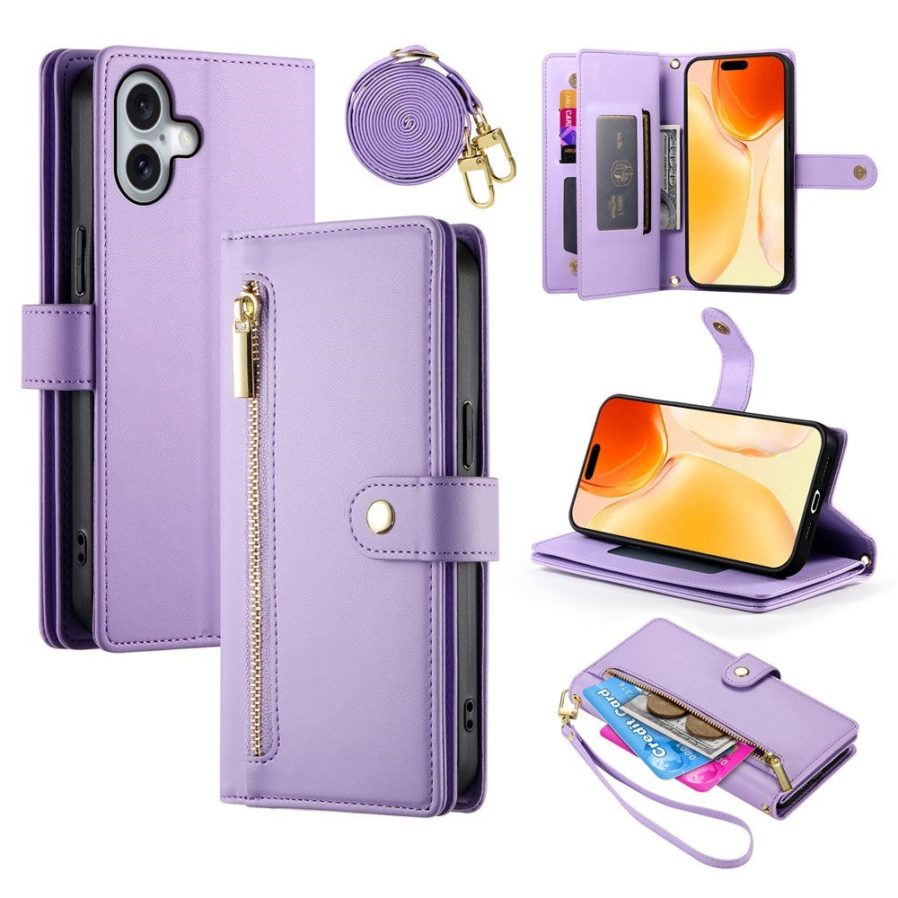 EIDERWOOD iPhone 17 Flip Case with Card Holder / Zipper Pocket / Strap - Purple