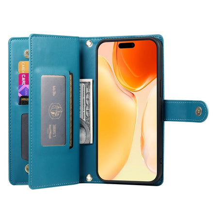 EIDERWOOD iPhone 17 Flip Case with Card Holder / Zipper Pocket / Strap - Blue