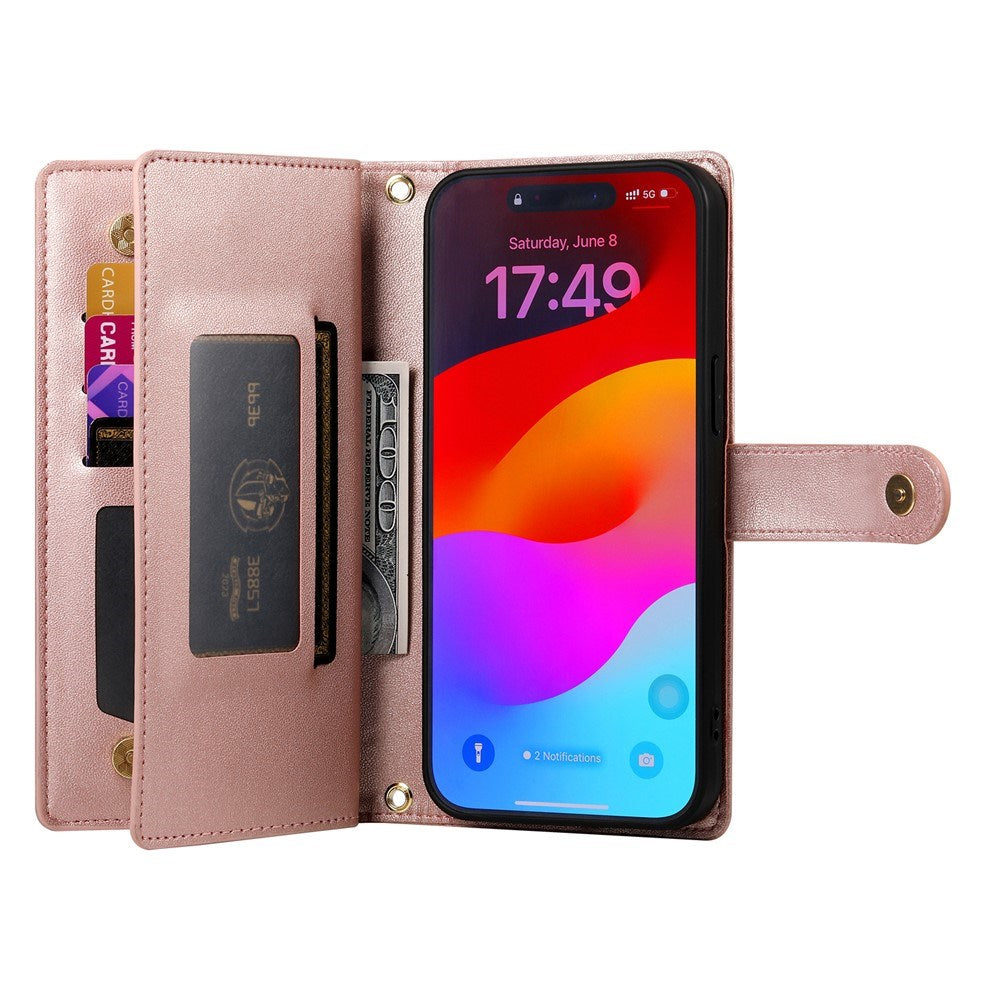 EIDERWOOD iPhone Air Flip Case with Card Holder / Zipper Pocket / Strap - Rose Gold