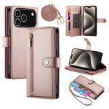 EIDERWOOD iPhone 17 Pro Flip Case with Card Holder / Zipper Pocket / Strap - Rose Gold