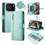 EIDERWOOD iPhone 17 Pro Flip Case with Card Holder / Zipper Pocket / Strap - Turquoise