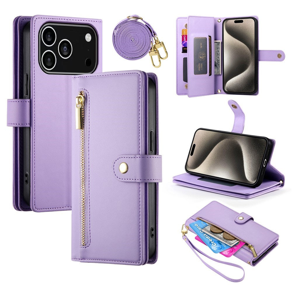 EIDERWOOD iPhone 17 Pro Flip Case with Card Holder / Zipper Pocket / Strap - Purple
