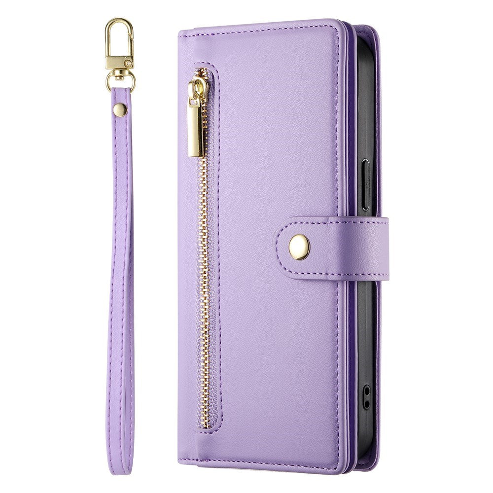 EIDERWOOD iPhone 17 Pro Flip Case with Card Holder / Zipper Pocket / Strap - Purple