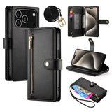 EIDERWOOD iPhone 17 Pro Flip Case with Card Holder / Zipper Pocket / Strap - Black