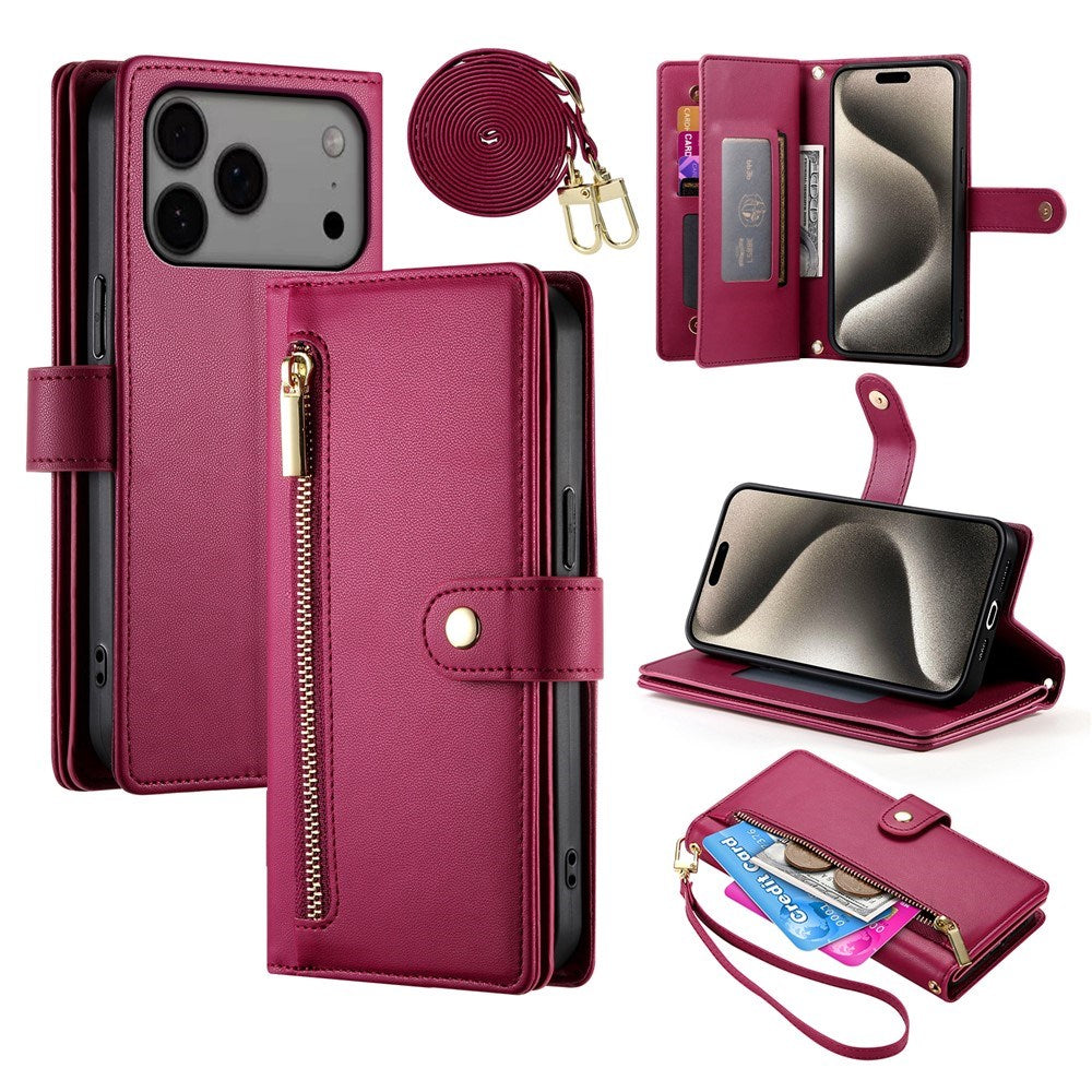 EIDERWOOD iPhone 17 Pro Max Flip Case with Card Holder / Zipper Pocket / Strap - Red